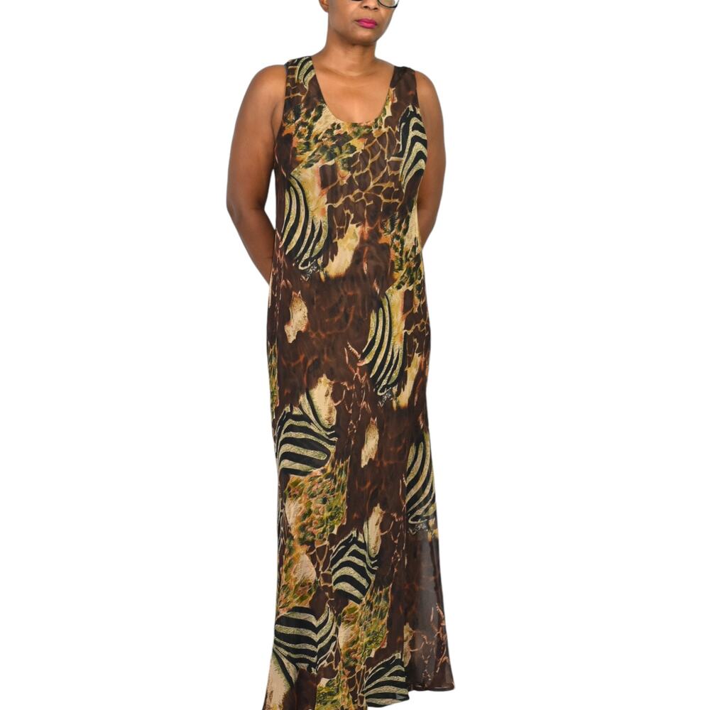 Animal Print Slip Dress Brown Leopard Reversible Maxi Long Sheer Chiffon Large
